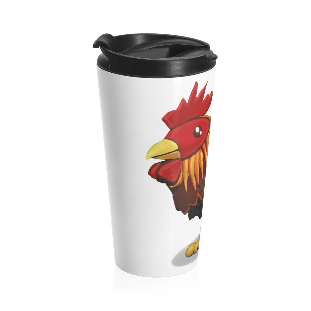 Rooster Stainless Steel Travel Mug with black lid, showcasing vibrant sublimation printing and a sleek design.