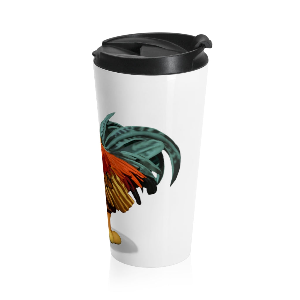 Rooster Stainless Steel Travel Mug with black lid, showcasing vibrant sublimation printing and a sleek design.