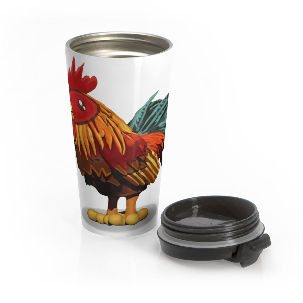 Rooster Stainless Steel Travel Mug with black lid, showcasing vibrant sublimation printing and a sleek design.