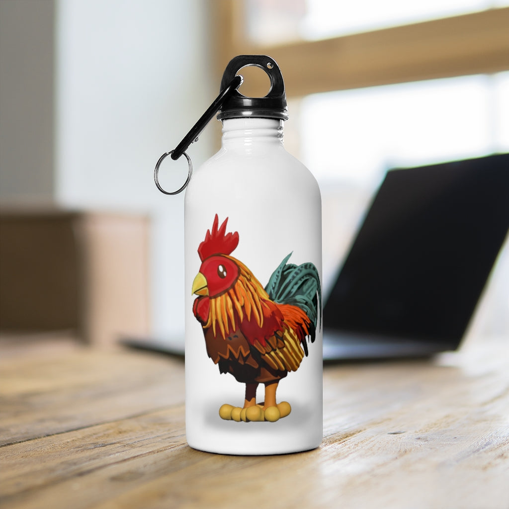 Rooster Stainless Steel Water Bottle with vibrant print and plastic screw top, ideal for hydration on the go.