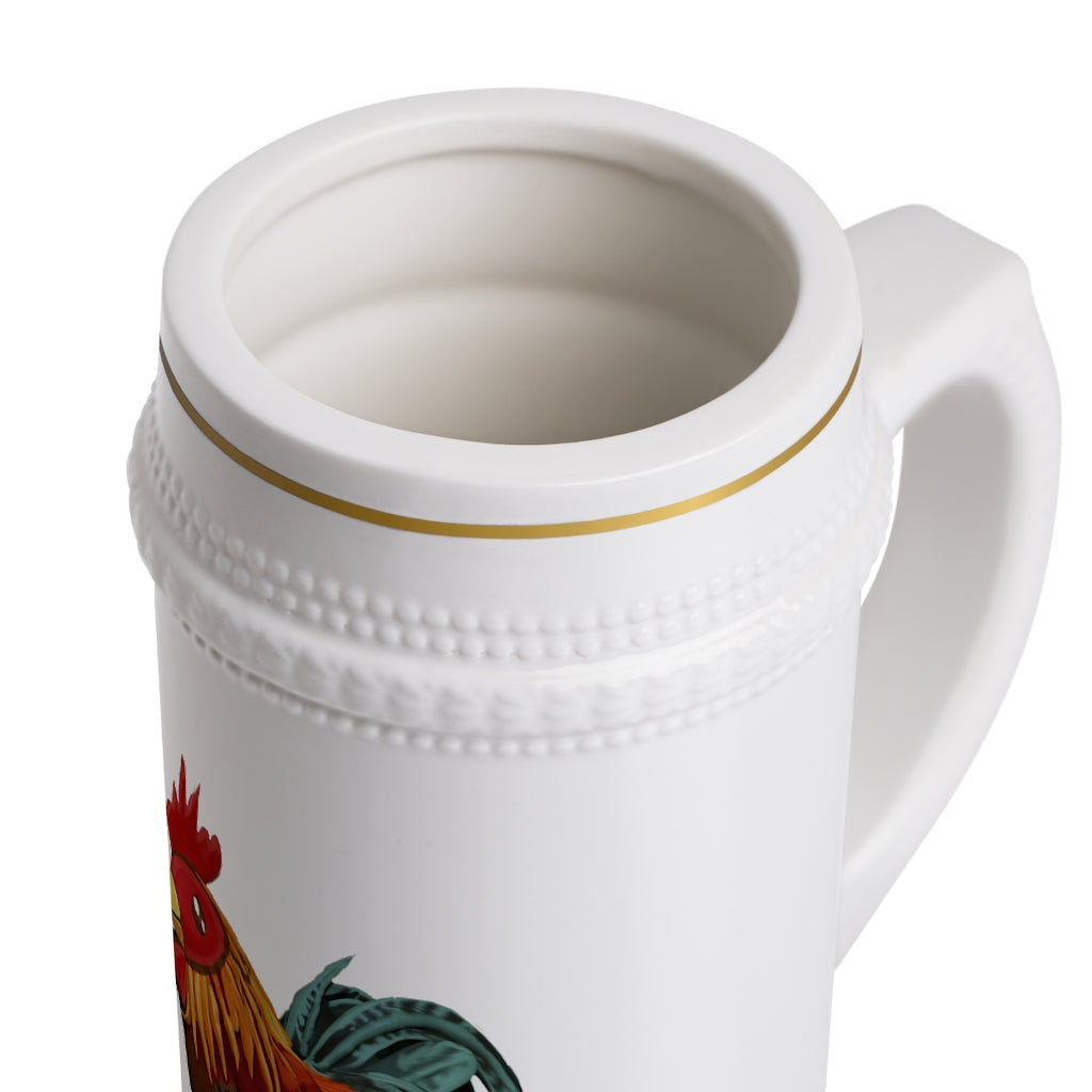 A stylish Rooster Stein Mug made of durable white ceramic with ribbed outlines and a classic design, perfect for custom artwork.