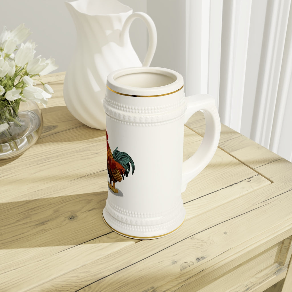 A stylish Rooster Stein Mug made of durable white ceramic with ribbed outlines and a classic design, perfect for custom artwork.