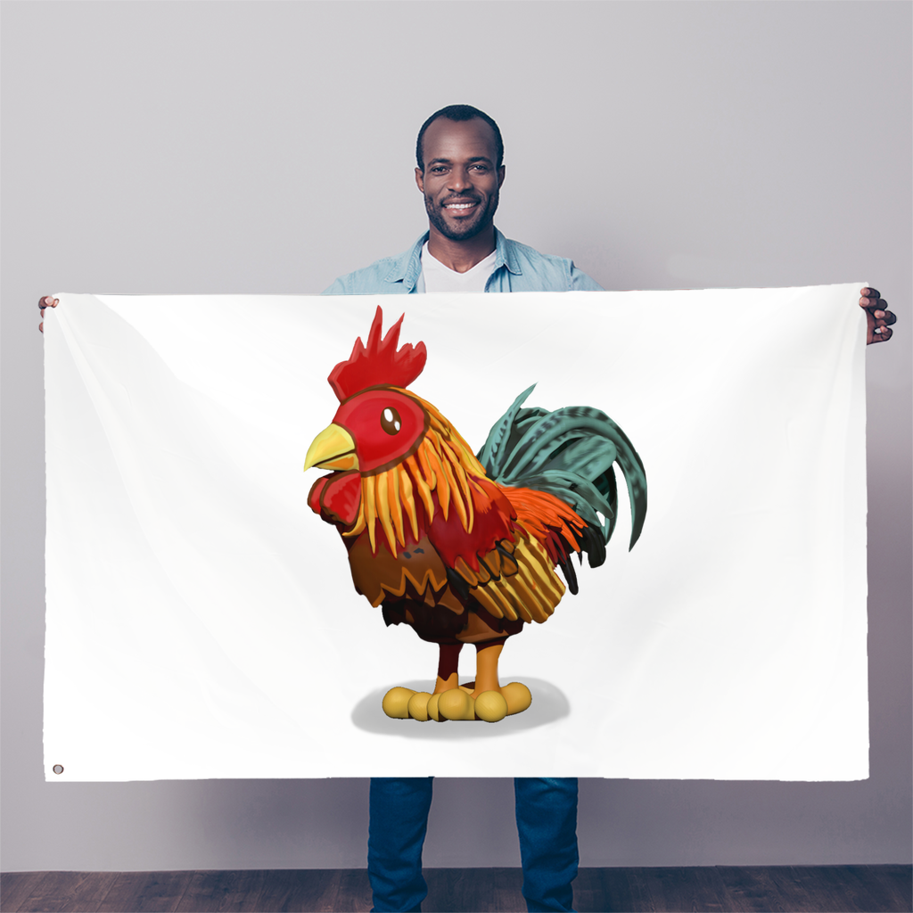 A vibrant Rooster Sublimation Flag measuring 5FT x 3FT, made from durable polyester fabric with double-stitched edges and eyelets for hanging.