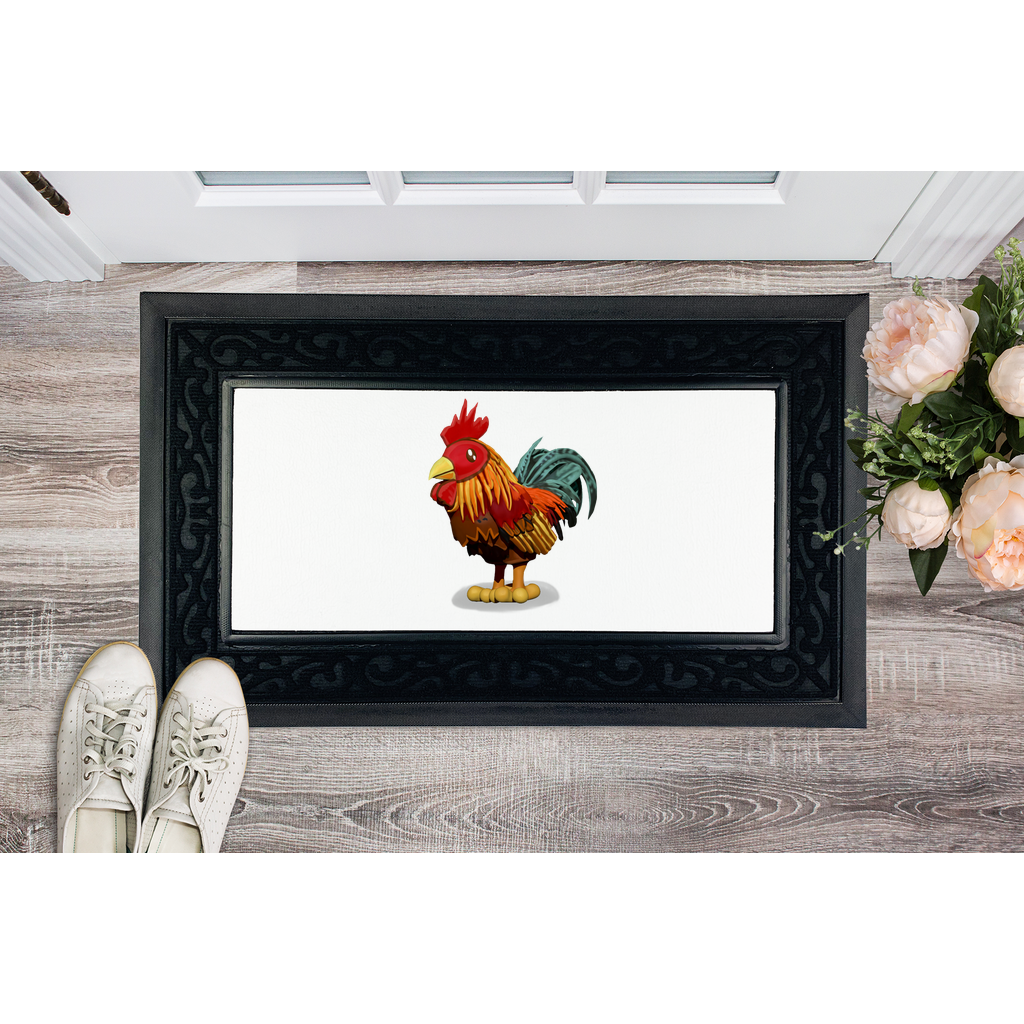 Rooster Sublimation Heavy Duty Door Mat with a removable fabric center and non-slip rubber base, featuring a classy brush border design.