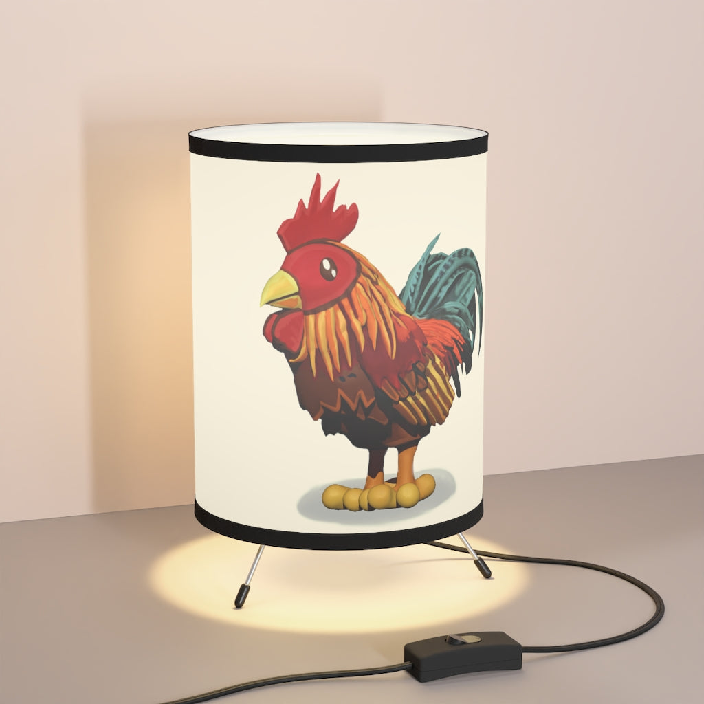 Rooster Tripod Lamp featuring a galvanized steel base and a custom high-resolution printed shade, ideal for modern home decor.