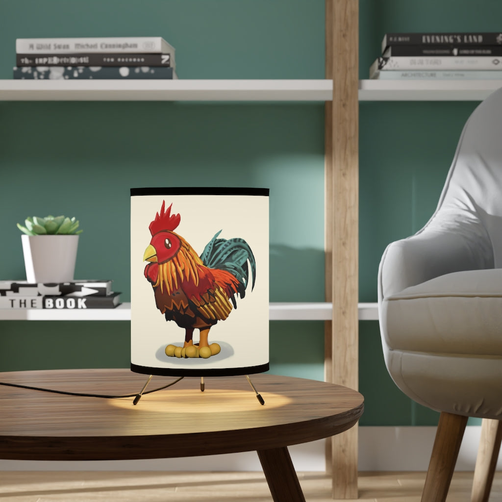 Rooster Tripod Lamp featuring a galvanized steel base and a custom high-resolution printed shade, ideal for modern home decor.