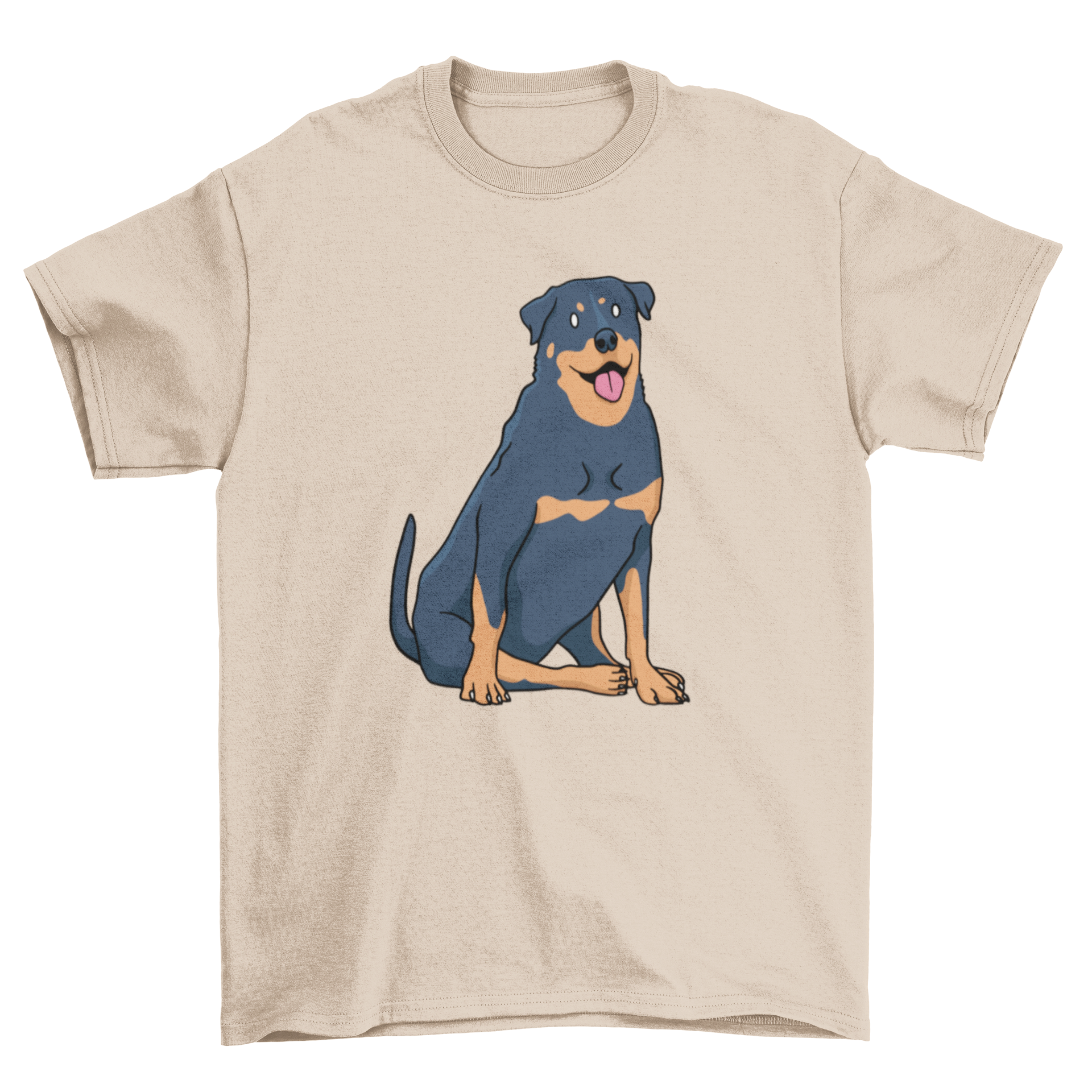 A stylish t-shirt featuring a graphic of a Rottweiler sitting down, showcasing its strength and loyalty.