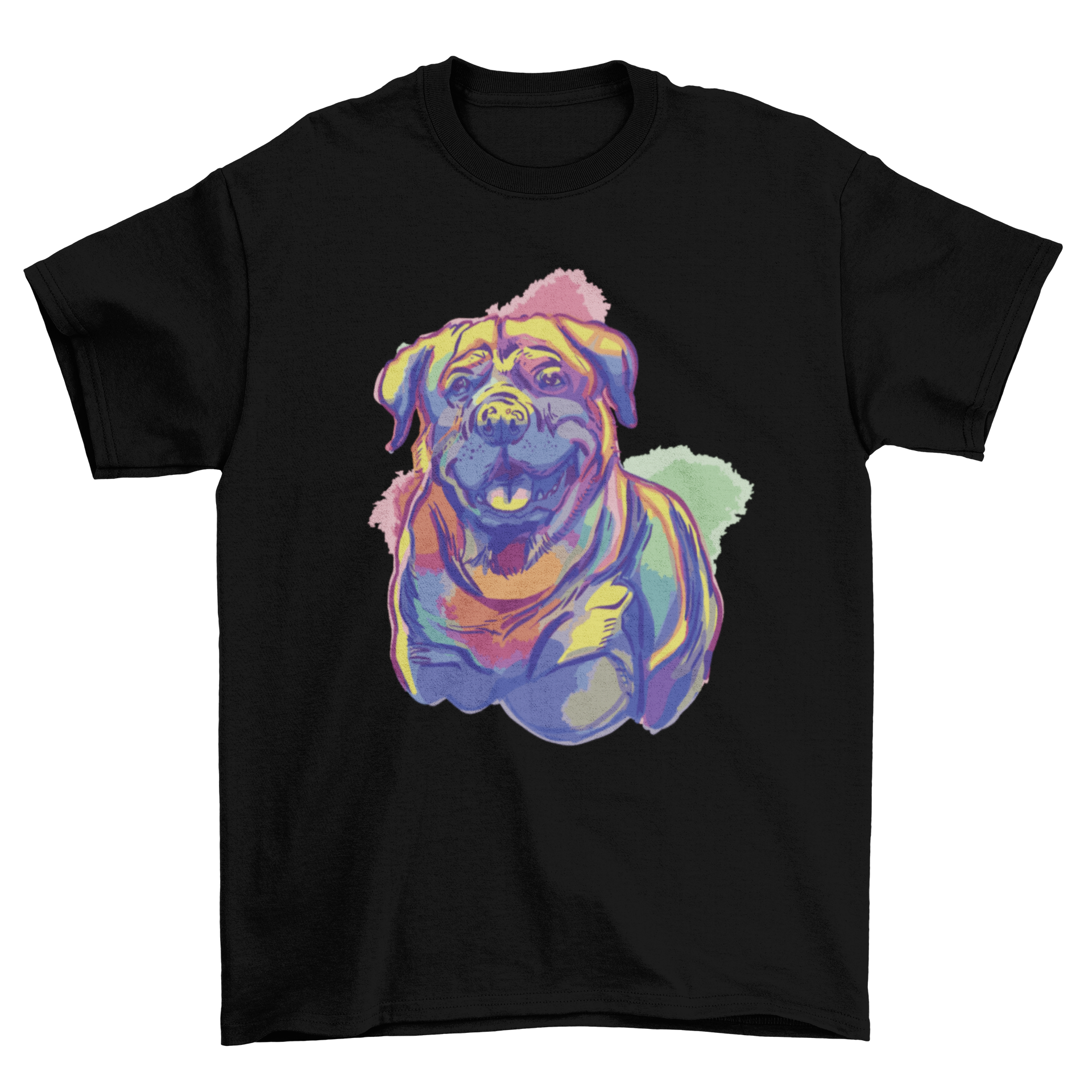 A colorful watercolor illustration of a Rottweiler on a stylish t-shirt, showcasing the dog's strength and beauty.