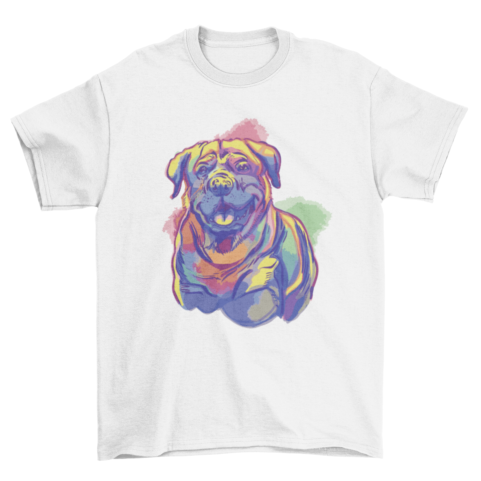 A colorful watercolor illustration of a Rottweiler on a stylish t-shirt, showcasing the dog's strength and beauty.