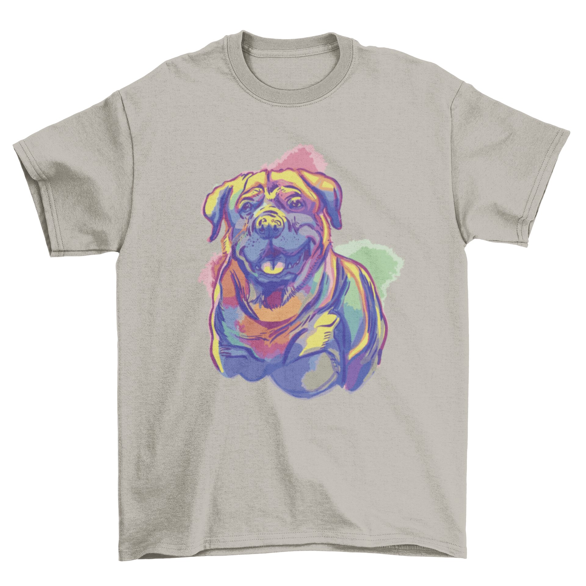 A colorful watercolor illustration of a Rottweiler on a stylish t-shirt, showcasing the dog's strength and beauty.