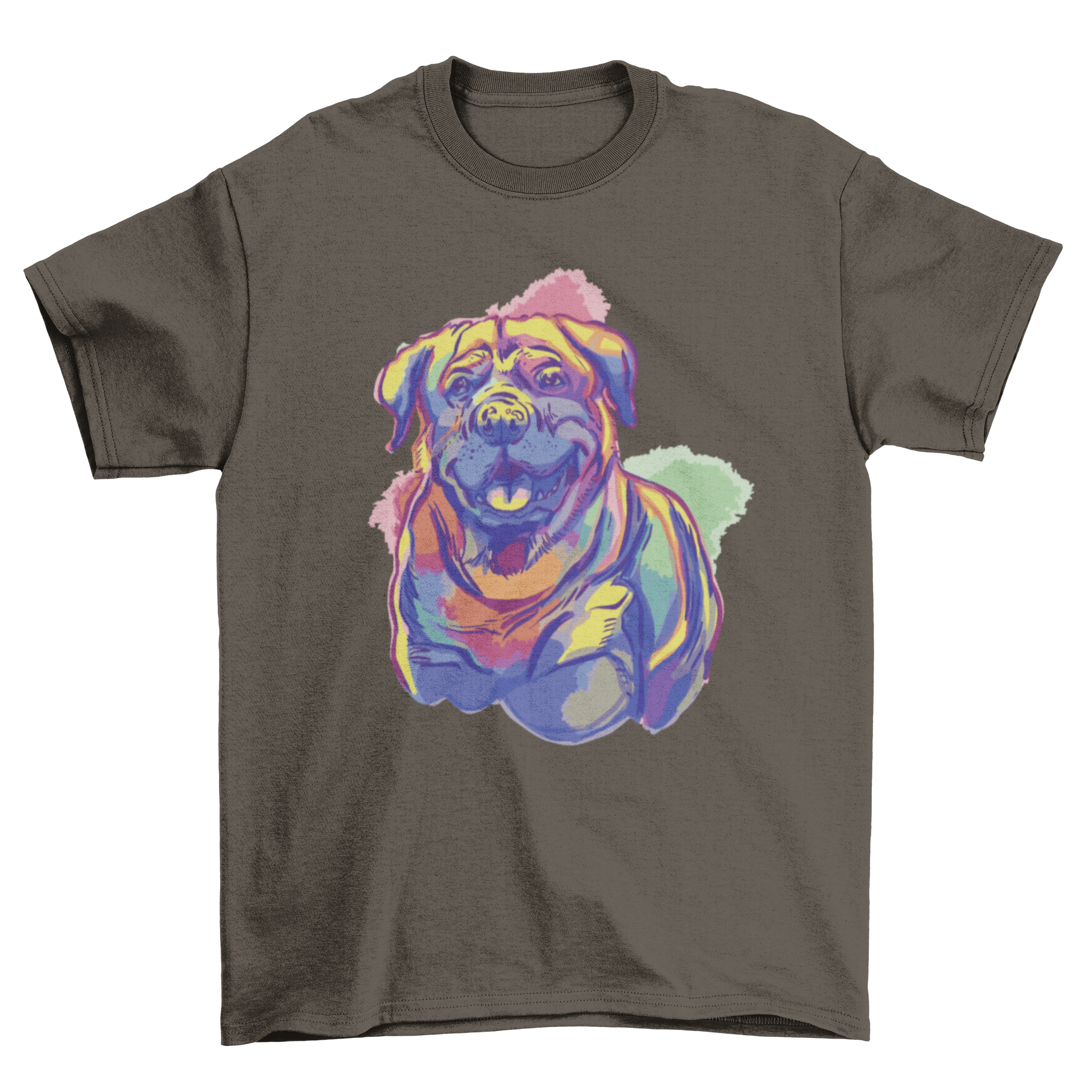 A colorful watercolor illustration of a Rottweiler on a stylish t-shirt, showcasing the dog's strength and beauty.