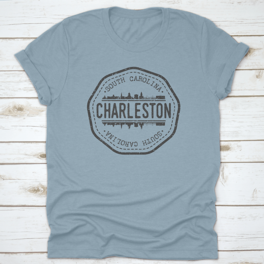 Round vector icon t-shirt featuring Charleston, SC skyline postmark design, showcasing a unique and stylish graphic.