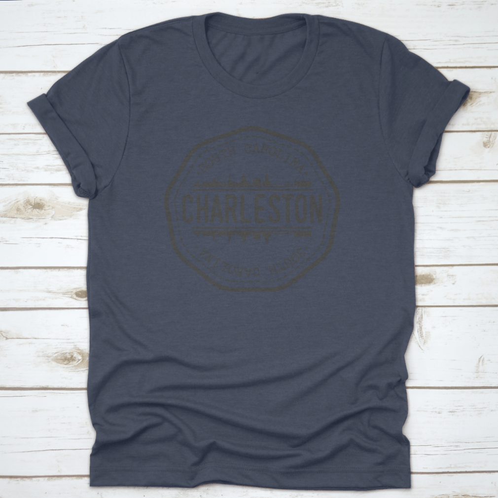 Round vector icon t-shirt featuring Charleston, SC skyline postmark design, showcasing a unique and stylish graphic.