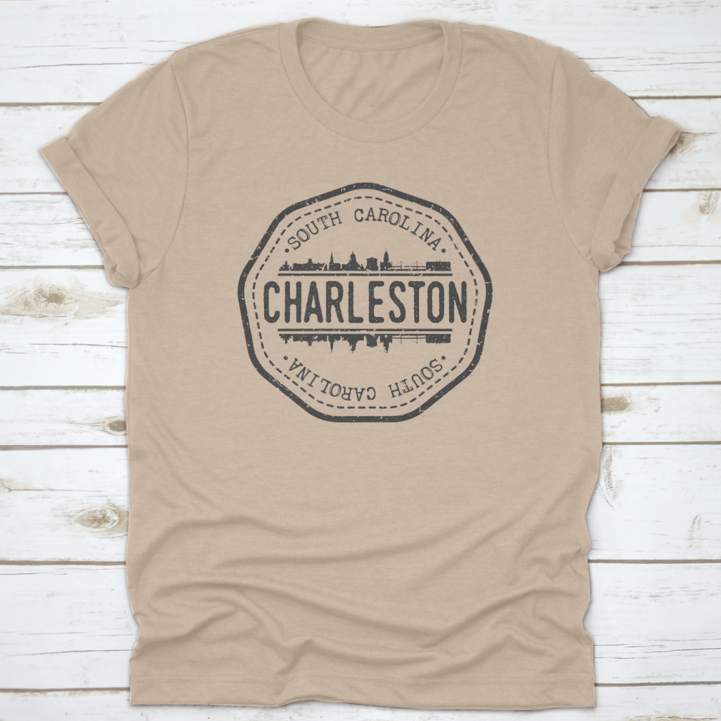 Round vector icon t-shirt featuring Charleston, SC skyline postmark design, showcasing a unique and stylish graphic.