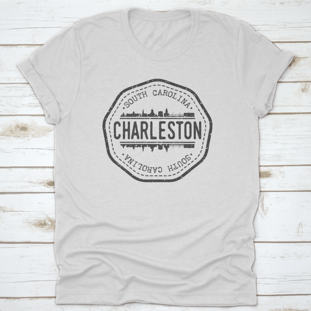 Round vector icon t-shirt featuring Charleston, SC skyline postmark design, showcasing a unique and stylish graphic.