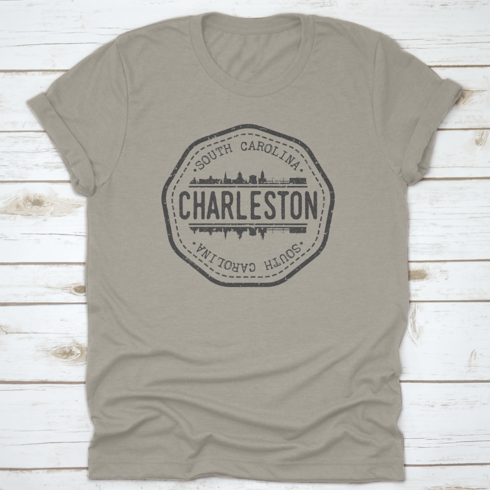 Round vector icon t-shirt featuring Charleston, SC skyline postmark design, showcasing a unique and stylish graphic.