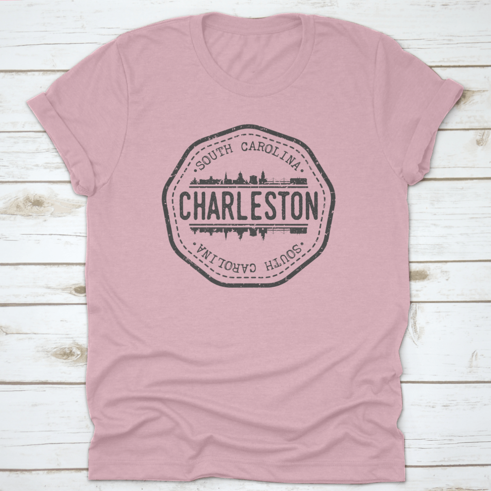 Round vector icon t-shirt featuring Charleston, SC skyline postmark design, showcasing a unique and stylish graphic.