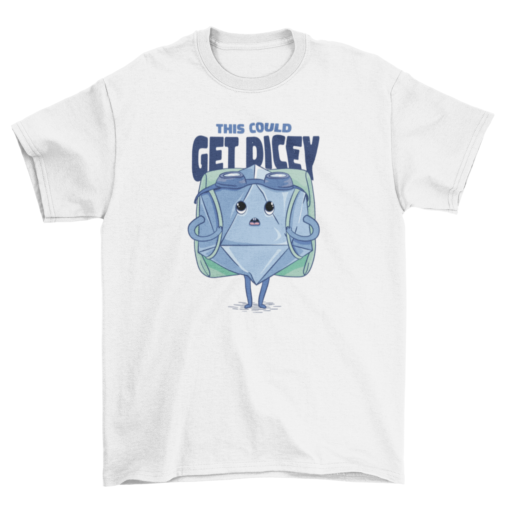 Funny RPG dice cartoon t-shirt featuring a dice with a backpack and the quote 'This could get dicey'.