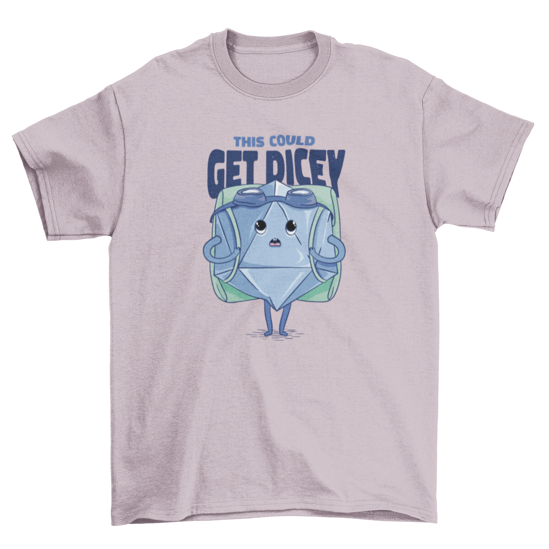 Funny RPG dice cartoon t-shirt featuring a dice with a backpack and the quote 'This could get dicey'.