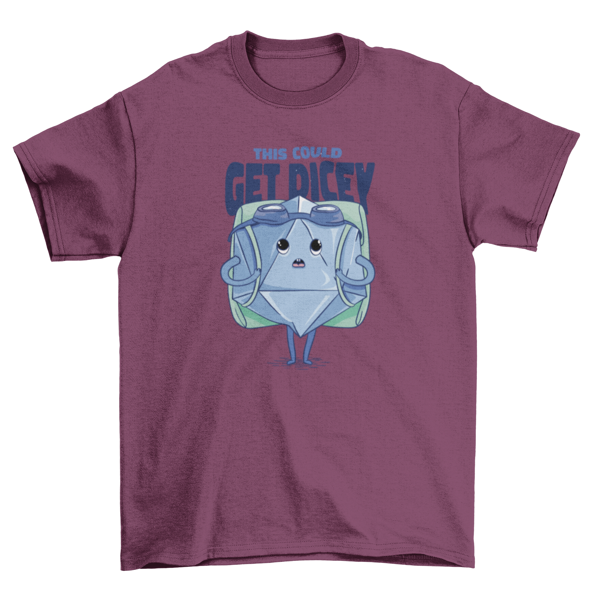 Funny RPG dice cartoon t-shirt featuring a dice with a backpack and the quote 'This could get dicey'.