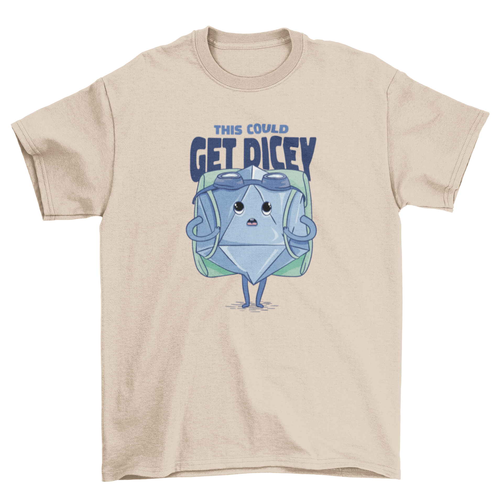 Funny RPG dice cartoon t-shirt featuring a dice with a backpack and the quote 'This could get dicey'.