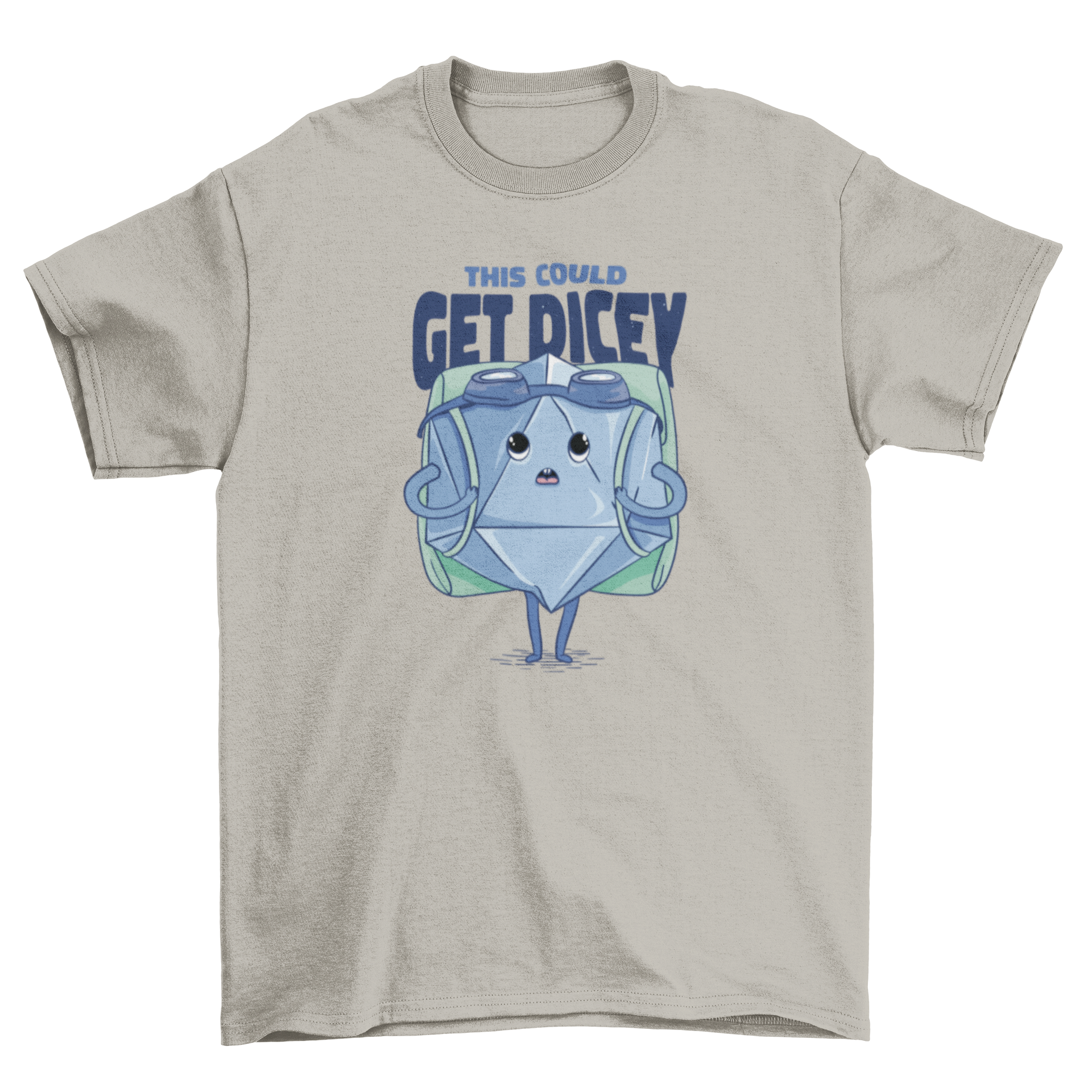 Funny RPG dice cartoon t-shirt featuring a dice with a backpack and the quote 'This could get dicey'.