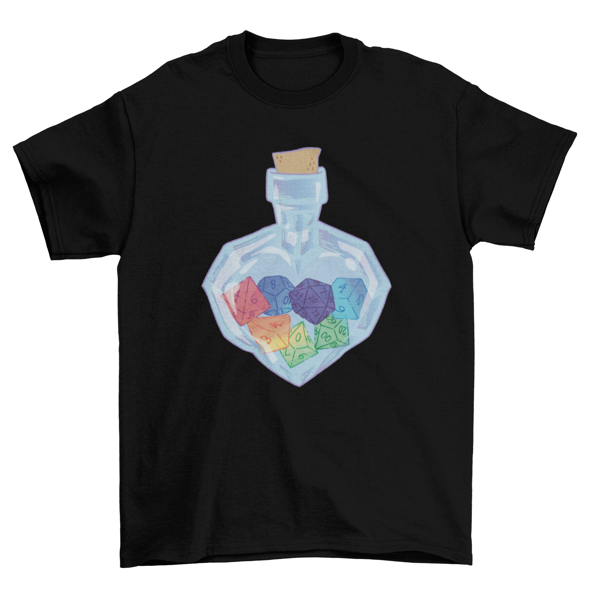 A stylish t-shirt featuring a colorful jar filled with RPG dice, perfect for tabletop gaming enthusiasts.