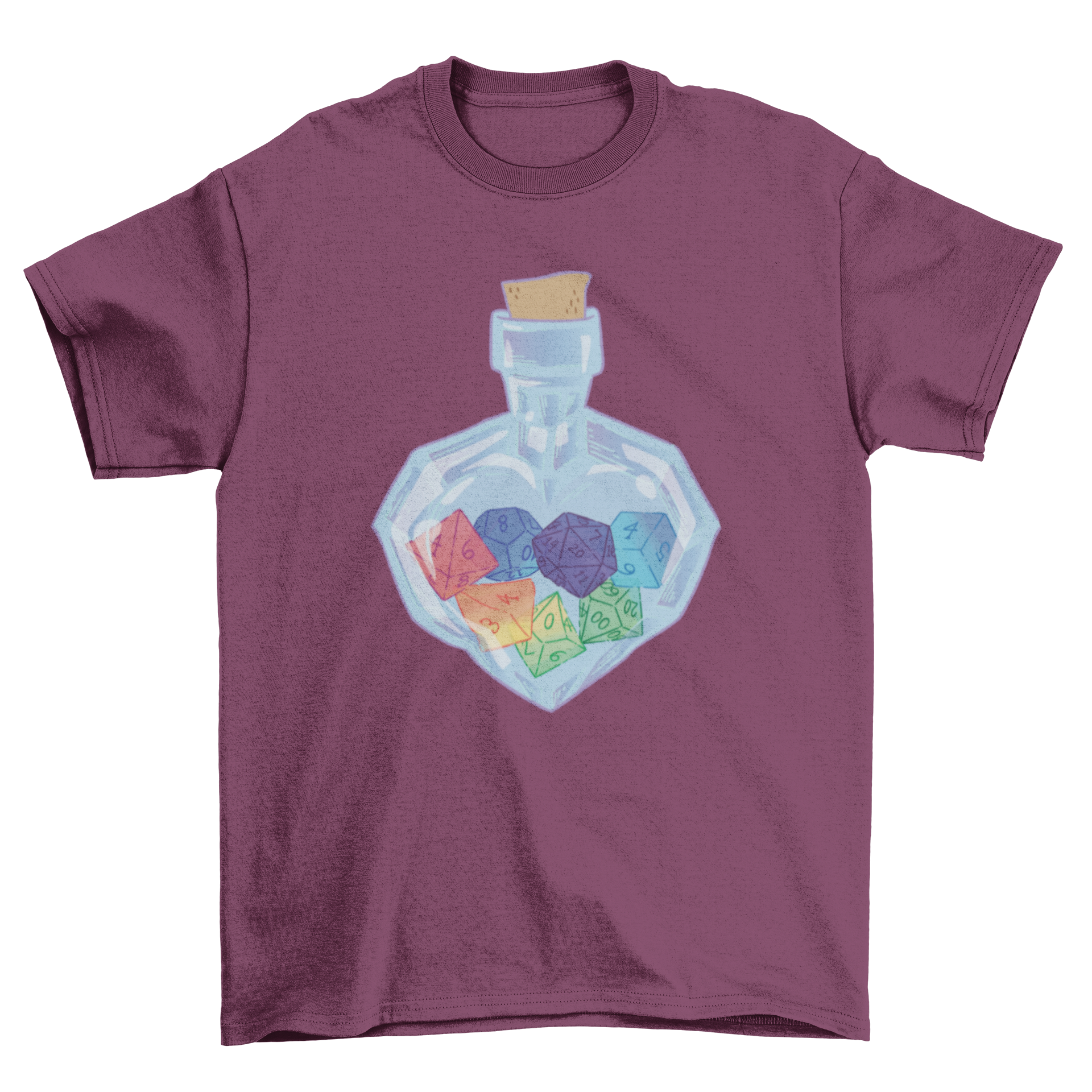 A stylish t-shirt featuring a colorful jar filled with RPG dice, perfect for tabletop gaming enthusiasts.