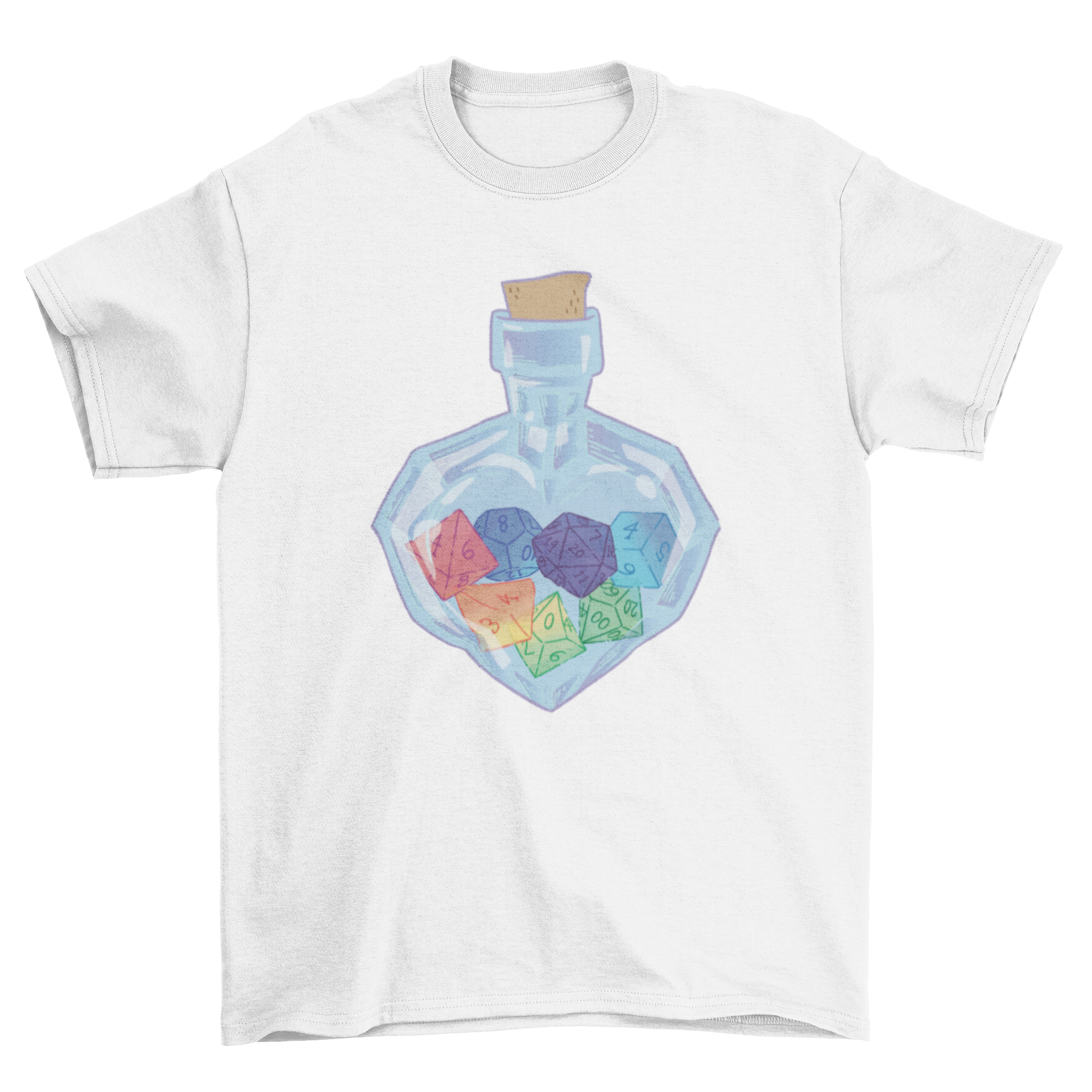 A stylish t-shirt featuring a colorful jar filled with RPG dice, perfect for tabletop gaming enthusiasts.