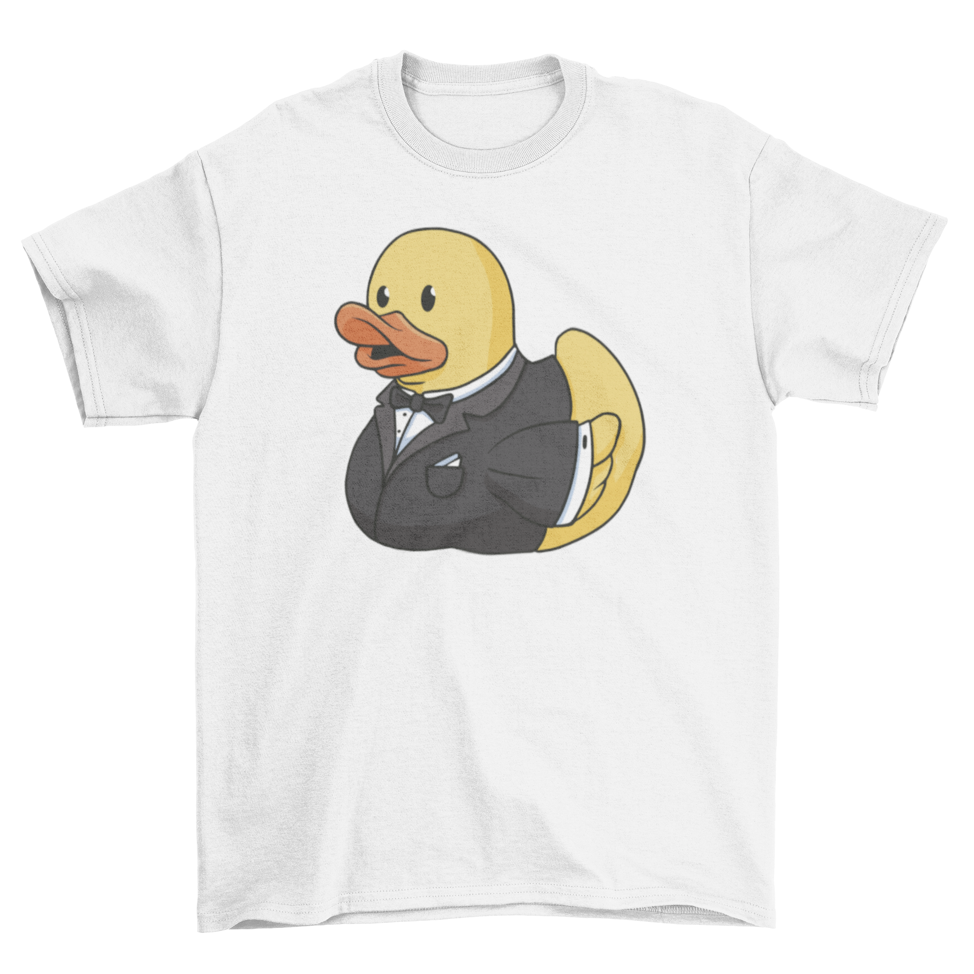 A playful t-shirt featuring a rubber duck dressed in a tuxedo, showcasing a fun and stylish design.