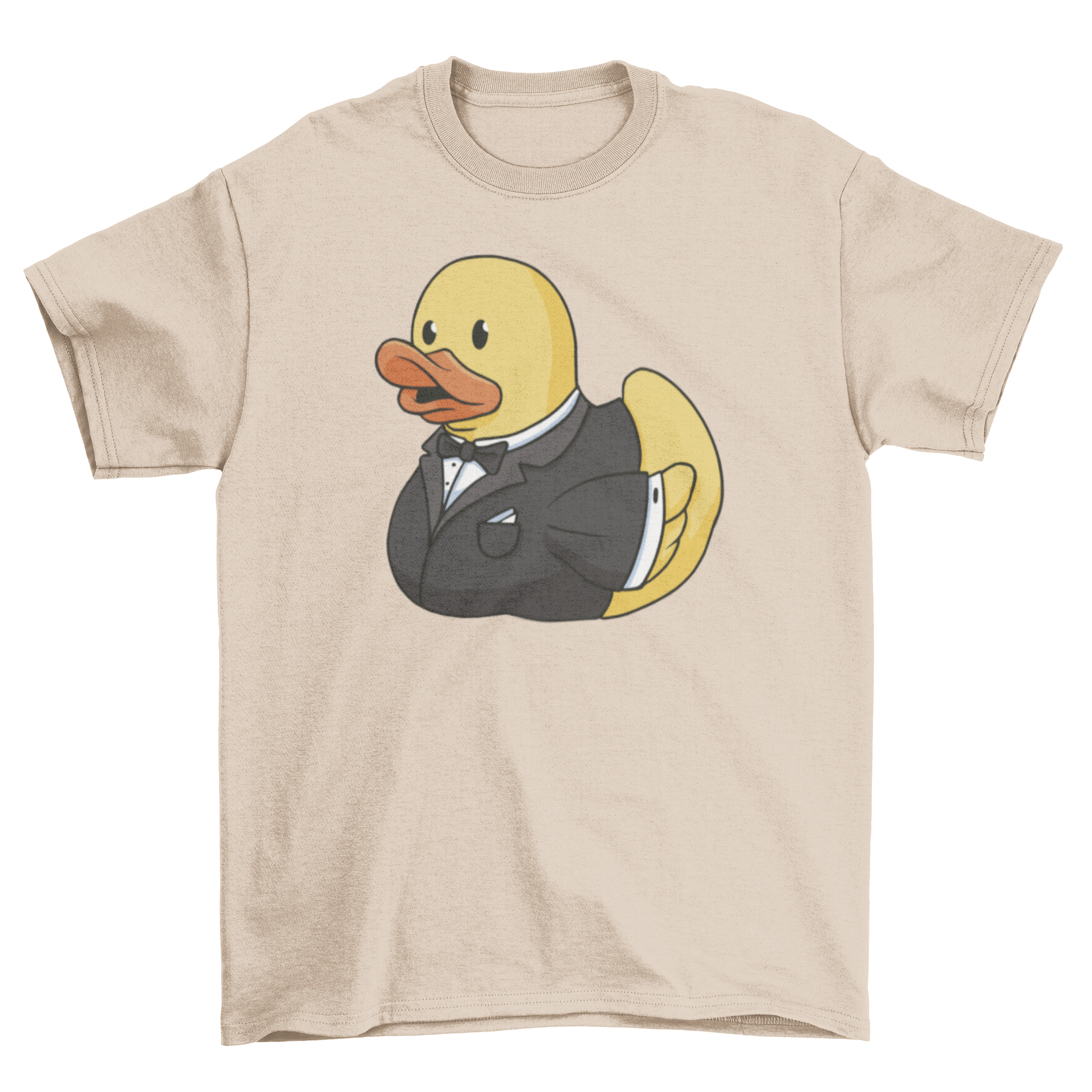 A playful t-shirt featuring a rubber duck dressed in a tuxedo, showcasing a fun and stylish design.