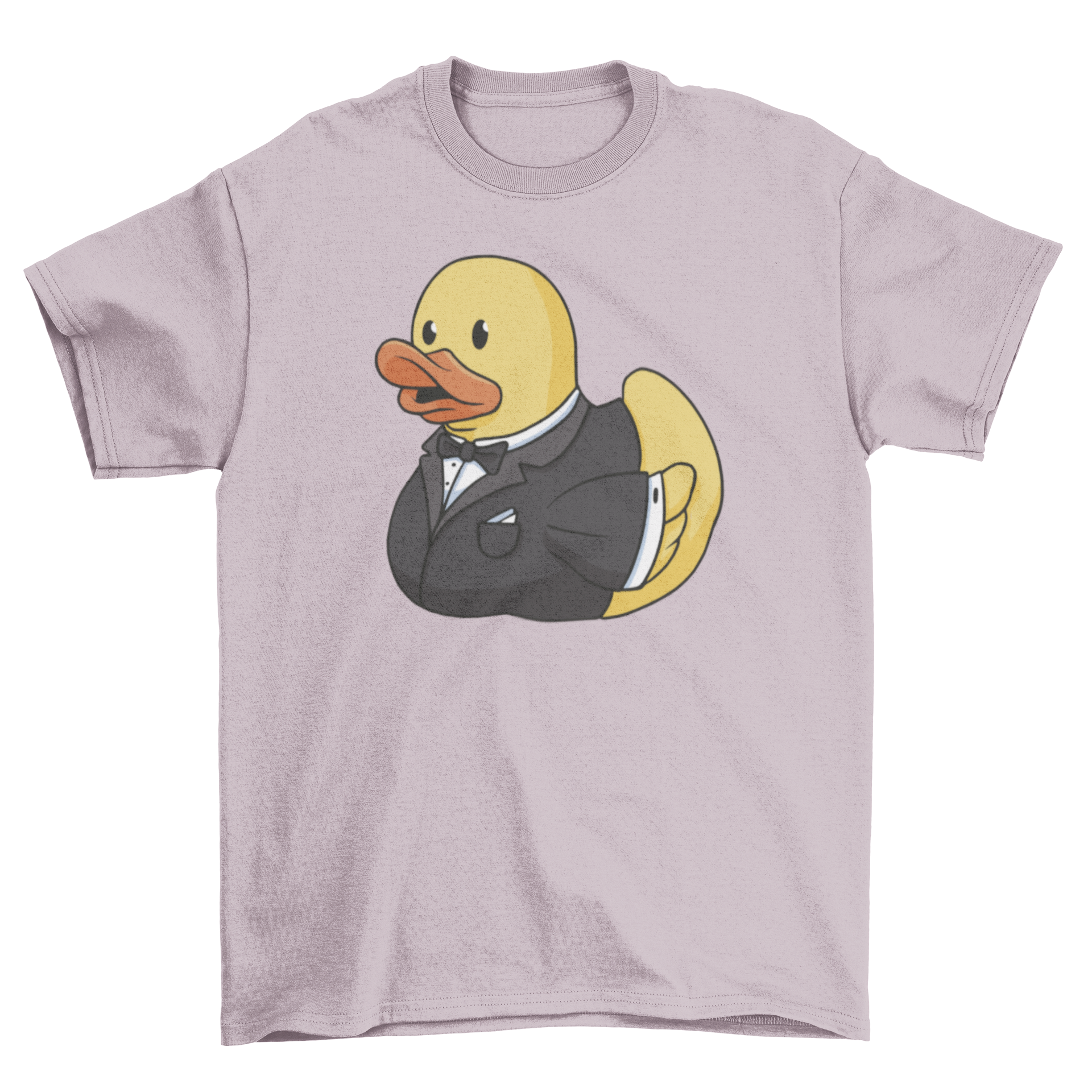 A playful t-shirt featuring a rubber duck dressed in a tuxedo, showcasing a fun and stylish design.