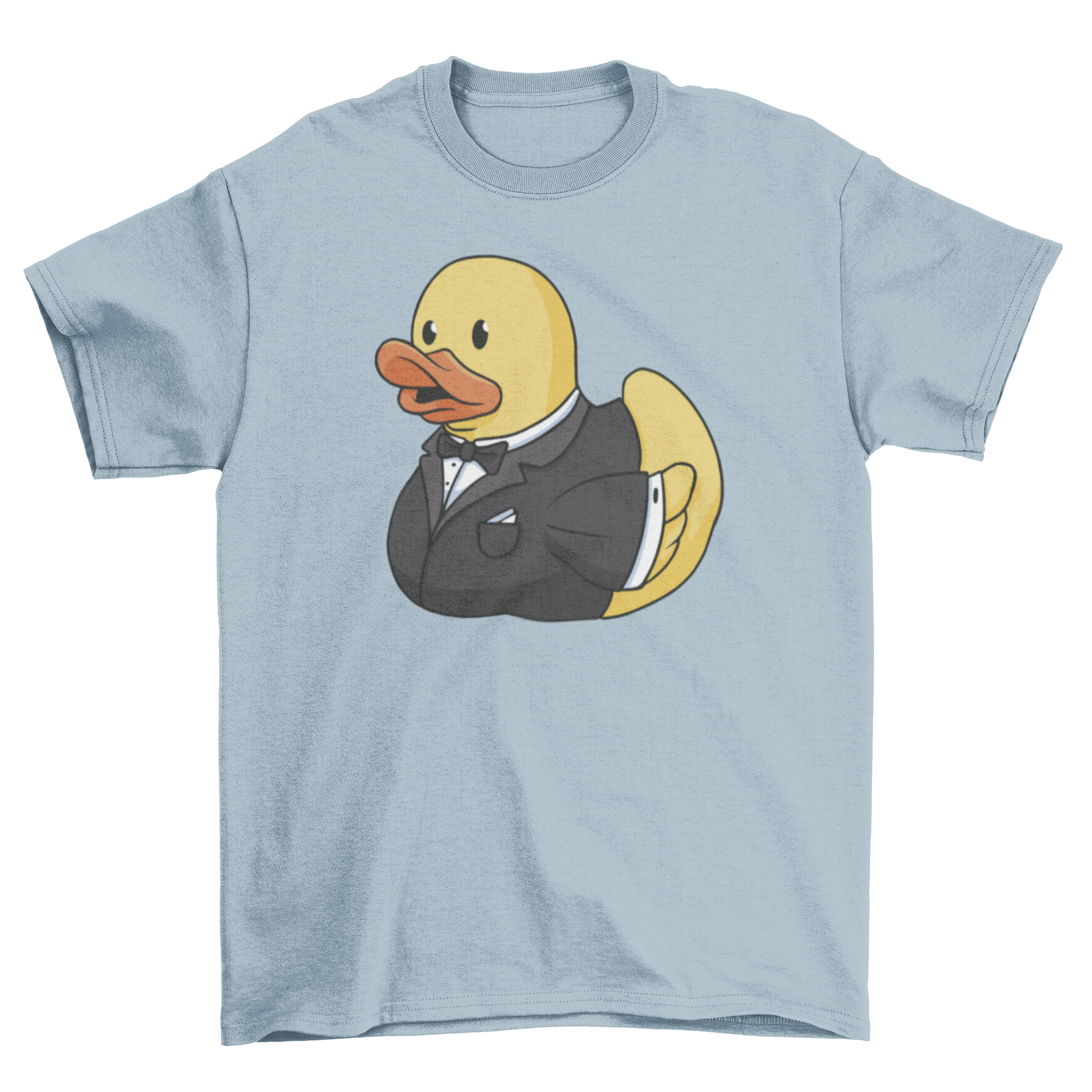 A playful t-shirt featuring a rubber duck dressed in a tuxedo, showcasing a fun and stylish design.