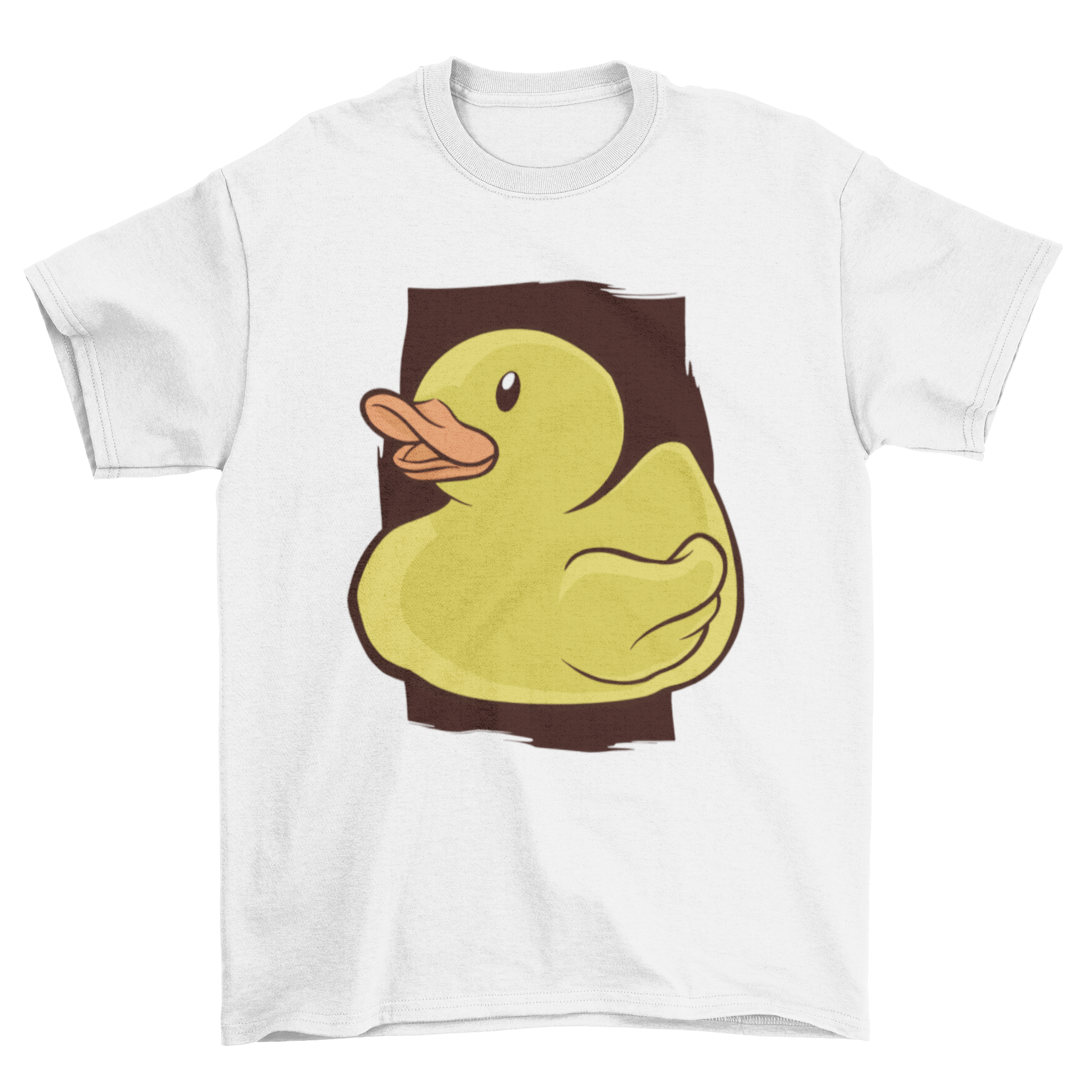 A vibrant yellow rubber duckling graphic on a casual T-shirt, perfect for playful fashion.