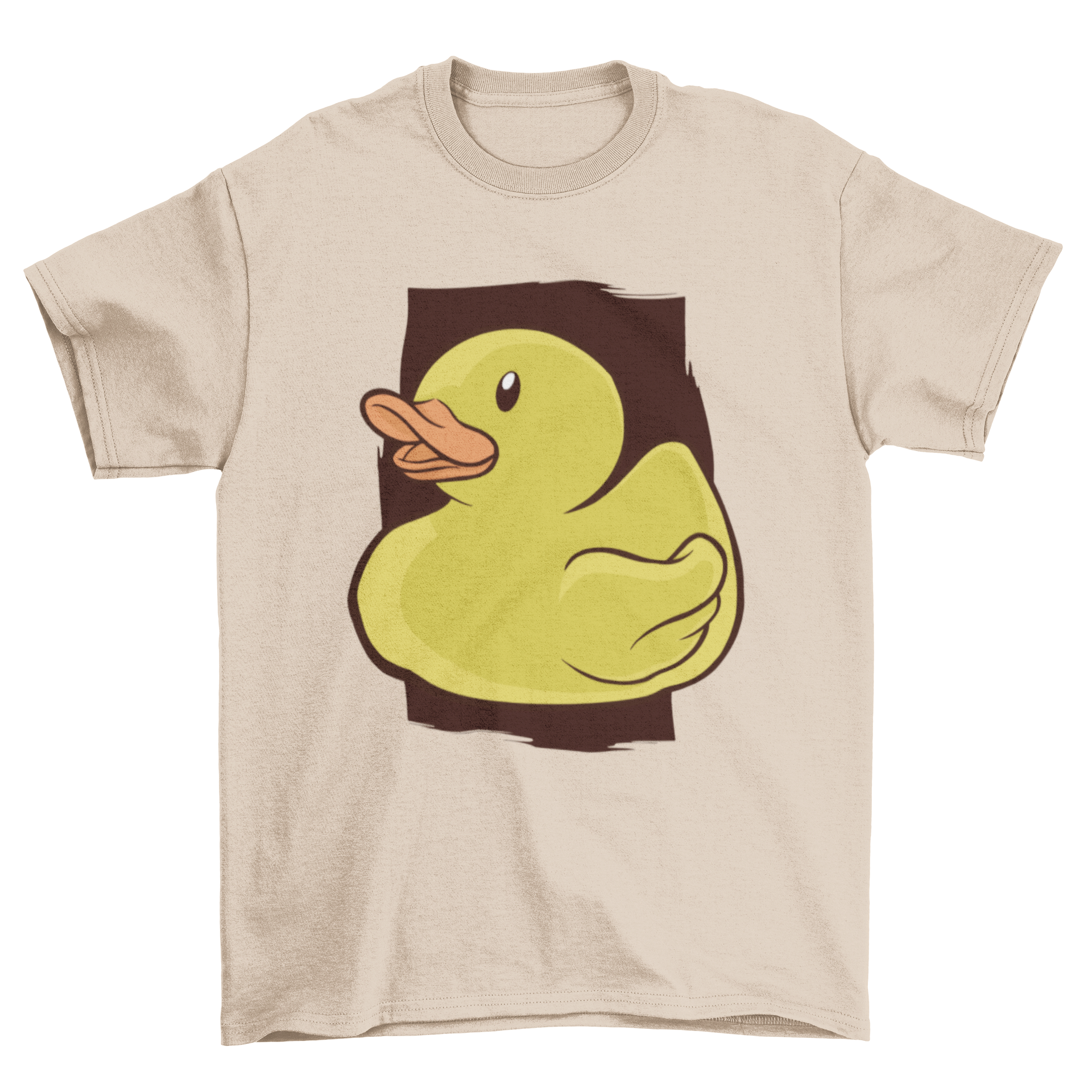 A vibrant yellow rubber duckling graphic on a casual T-shirt, perfect for playful fashion.