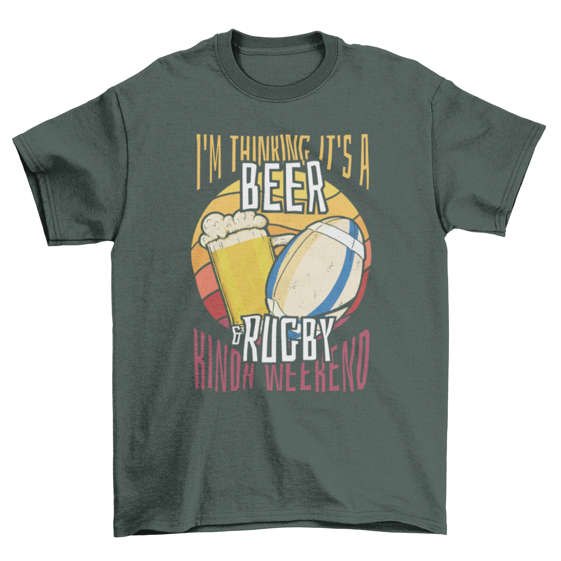 A stylish t-shirt featuring a rugby ball and beer design with the quote about weekends.