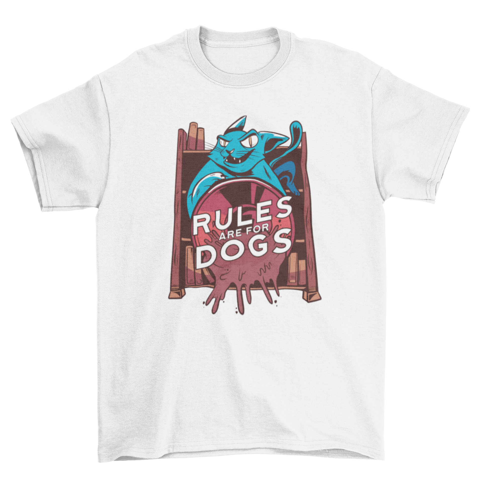 A humorous t-shirt featuring a cat pushing a coffee cup with the quote 'Rules are for dogs'.