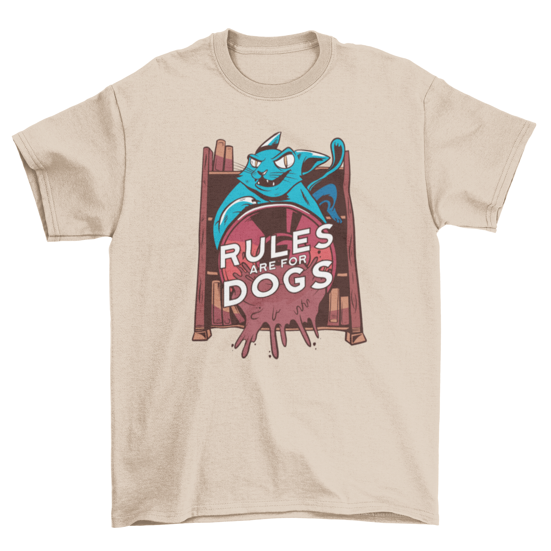 A humorous t-shirt featuring a cat pushing a coffee cup with the quote 'Rules are for dogs'.