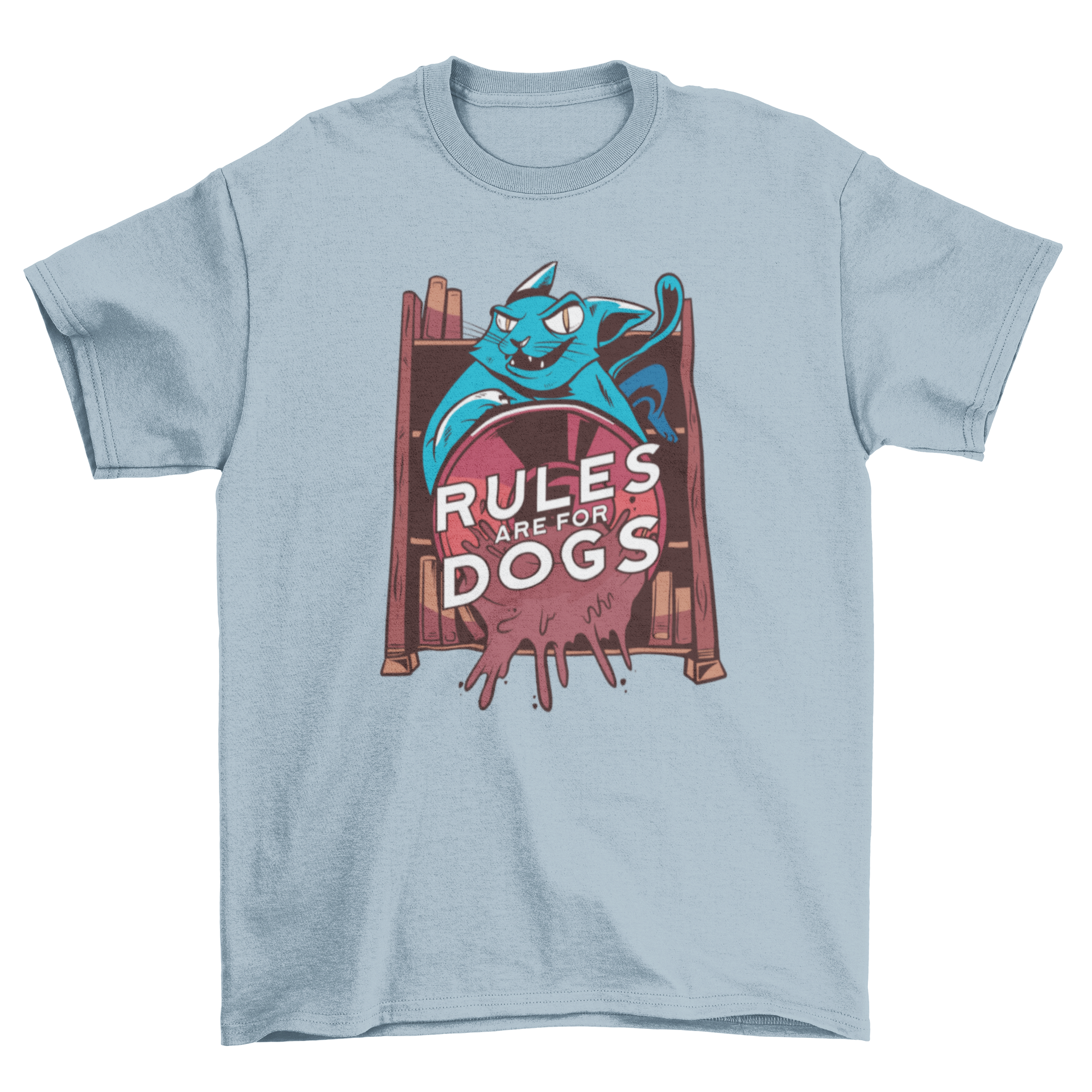 A humorous t-shirt featuring a cat pushing a coffee cup with the quote 'Rules are for dogs'.