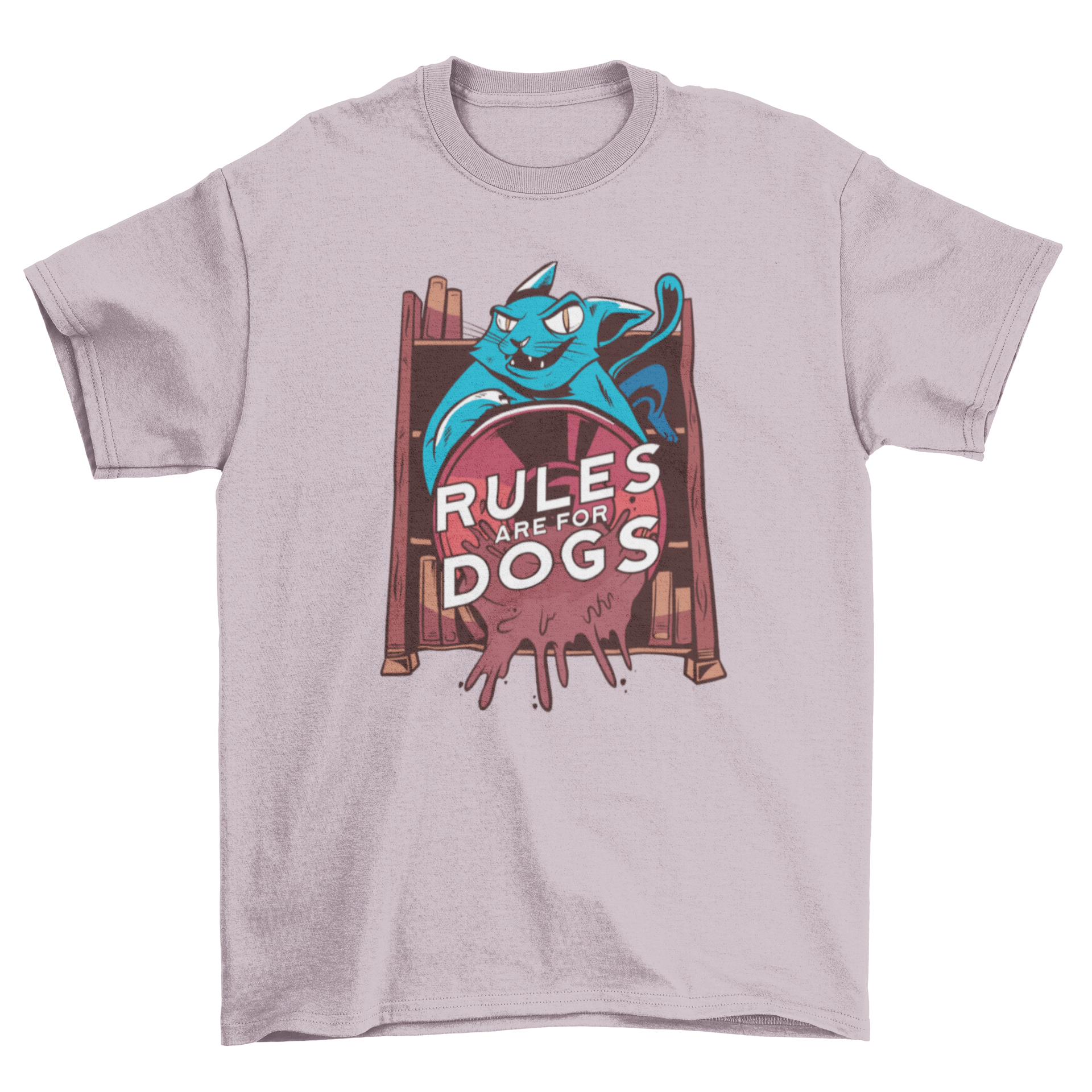 A humorous t-shirt featuring a cat pushing a coffee cup with the quote 'Rules are for dogs'.