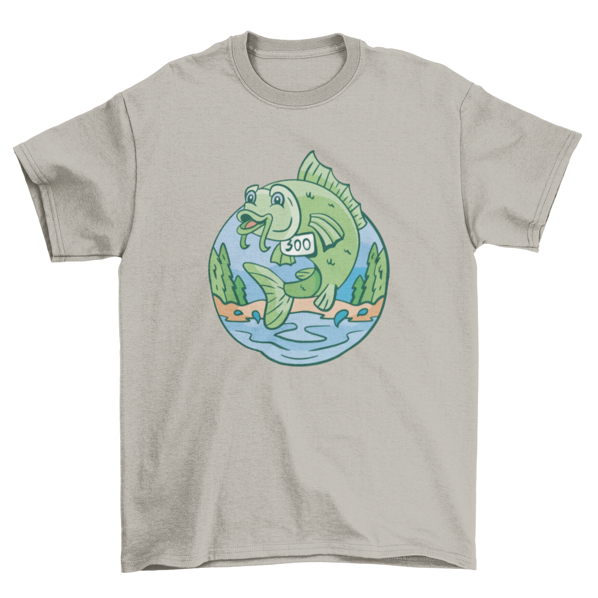 A vibrant green fish jumping out of water wearing a number 300 runner sign on a stylish t-shirt.