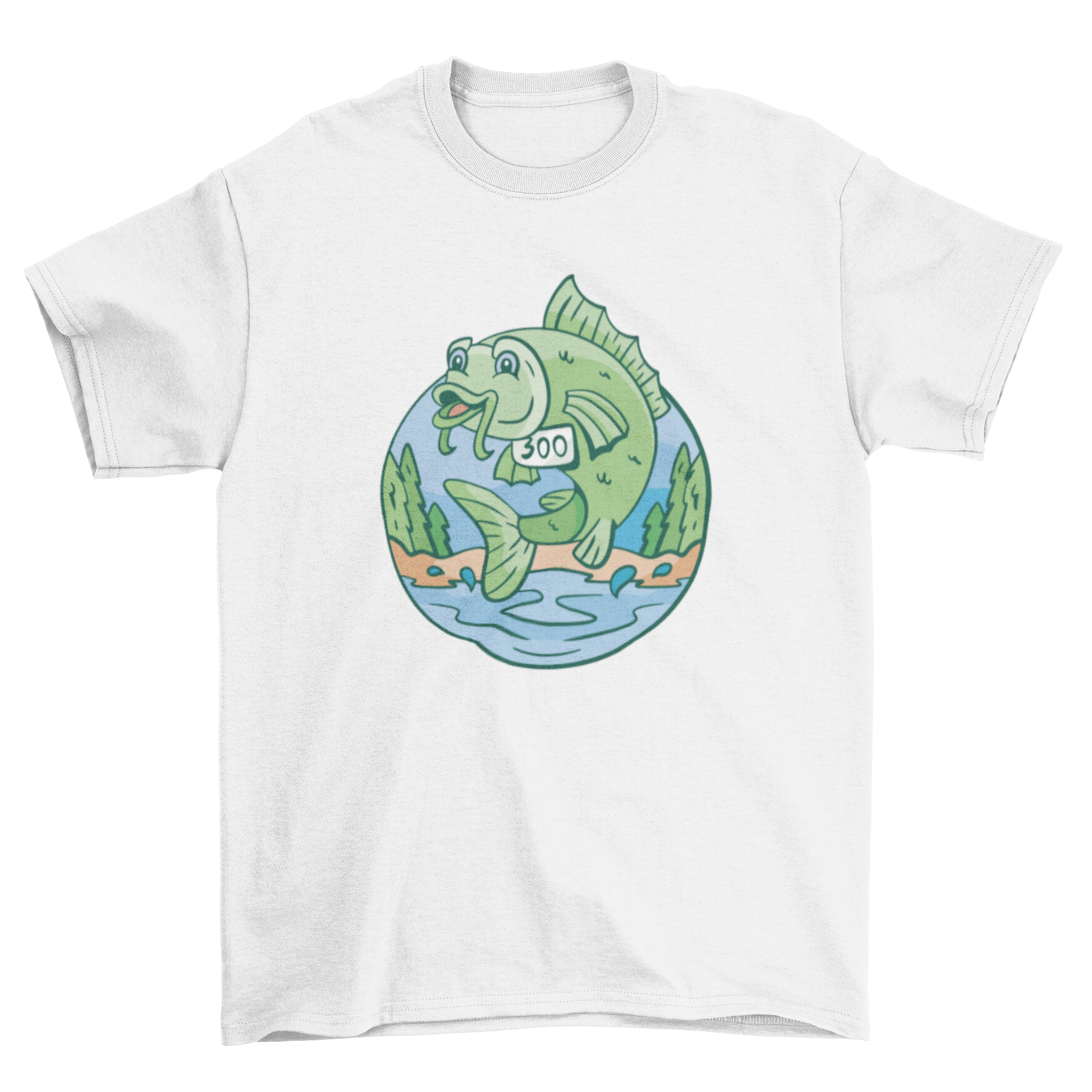 A vibrant green fish jumping out of water wearing a number 300 runner sign on a stylish t-shirt.