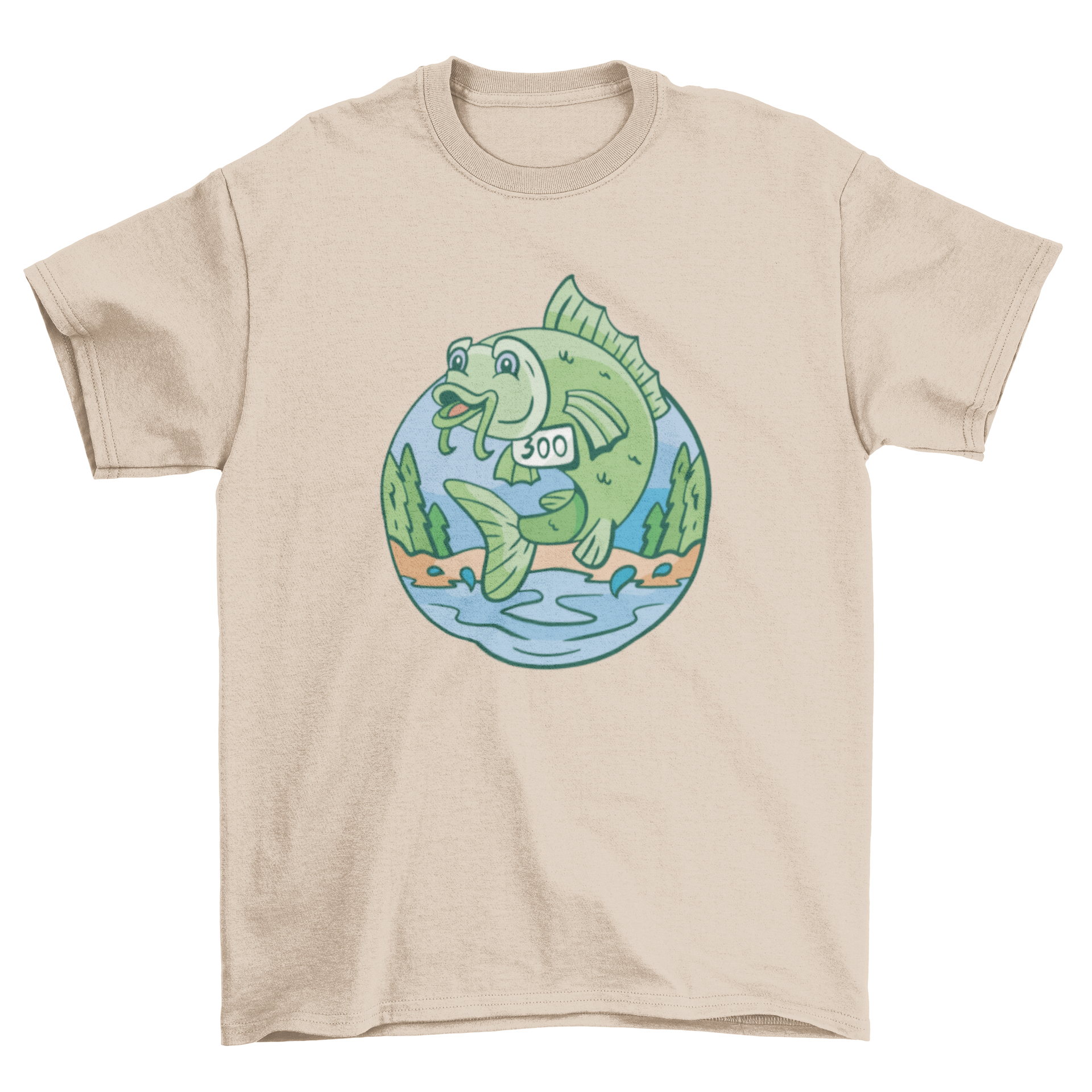 A vibrant green fish jumping out of water wearing a number 300 runner sign on a stylish t-shirt.