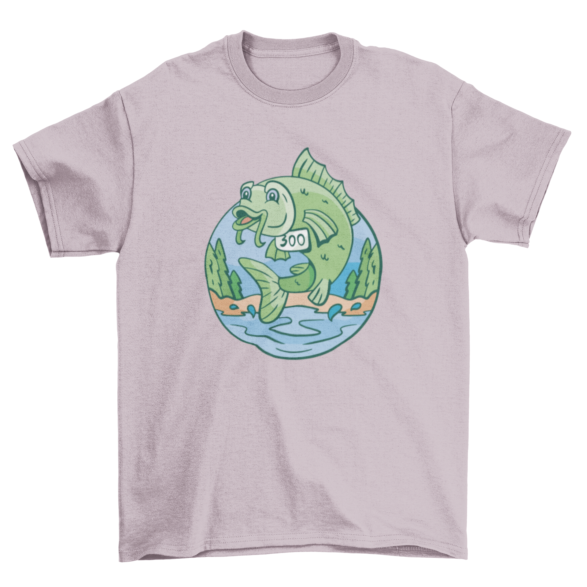 A vibrant green fish jumping out of water wearing a number 300 runner sign on a stylish t-shirt.