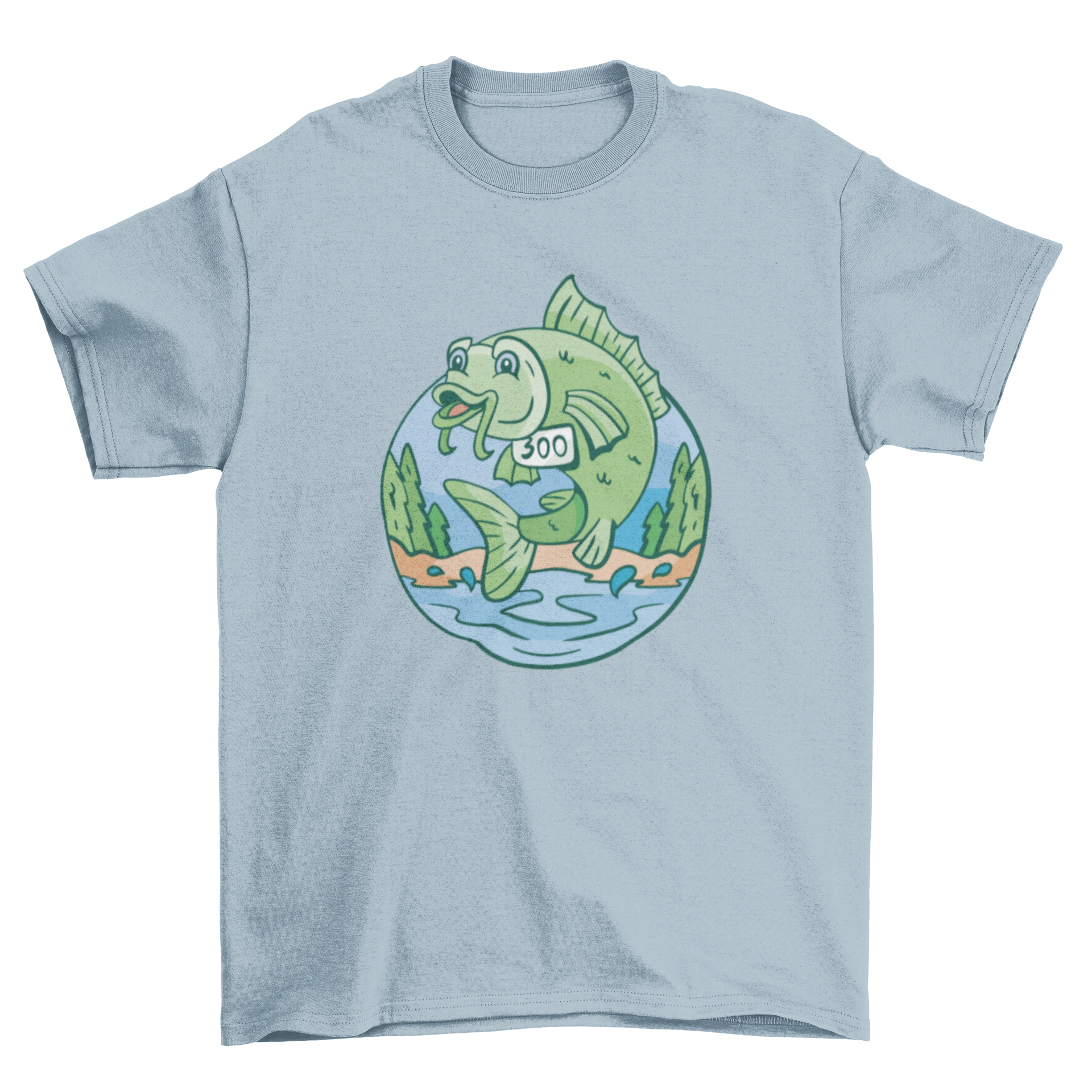 A vibrant green fish jumping out of water wearing a number 300 runner sign on a stylish t-shirt.