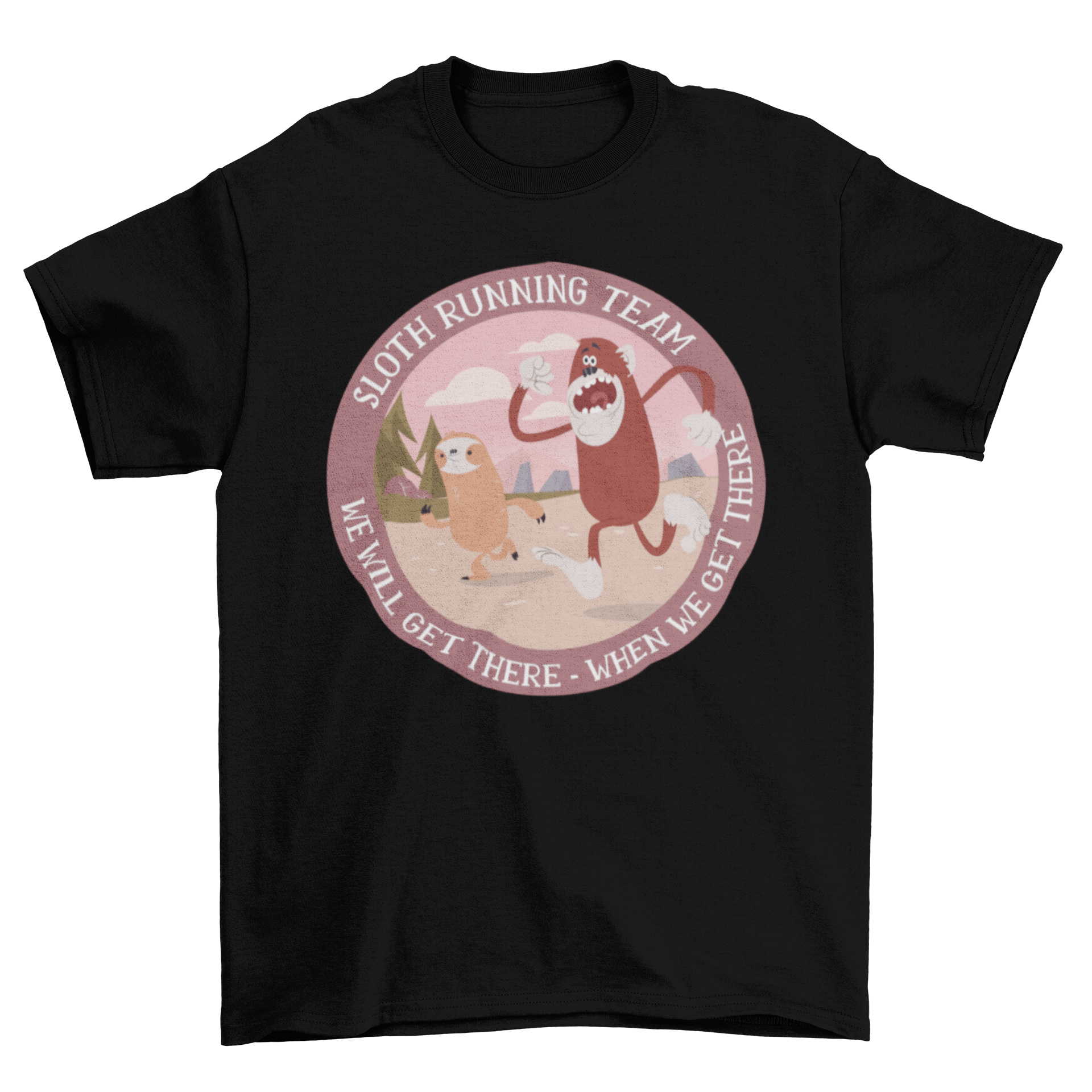 A playful Running Sloth T-Shirt featuring a sloth illustration and humorous slogan, perfect for casual wear.