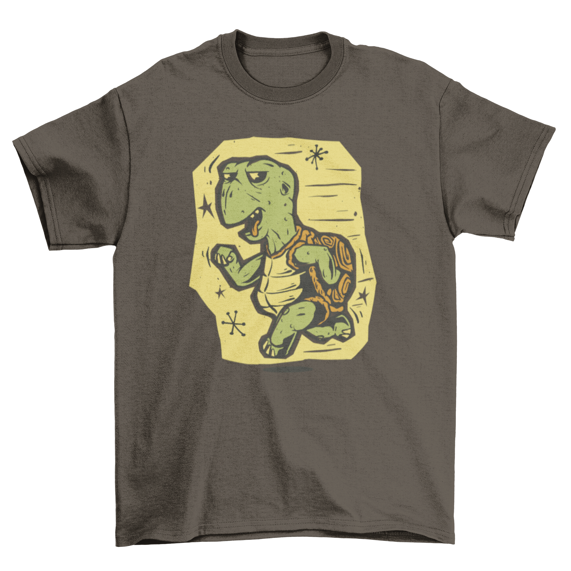 A colorful cartoon t-shirt featuring a running turtle design, showcasing vibrant colors and playful graphics.