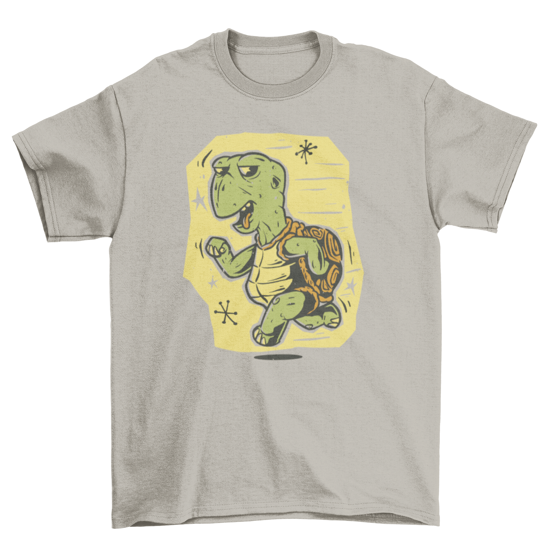 A colorful cartoon t-shirt featuring a running turtle design, showcasing vibrant colors and playful graphics.