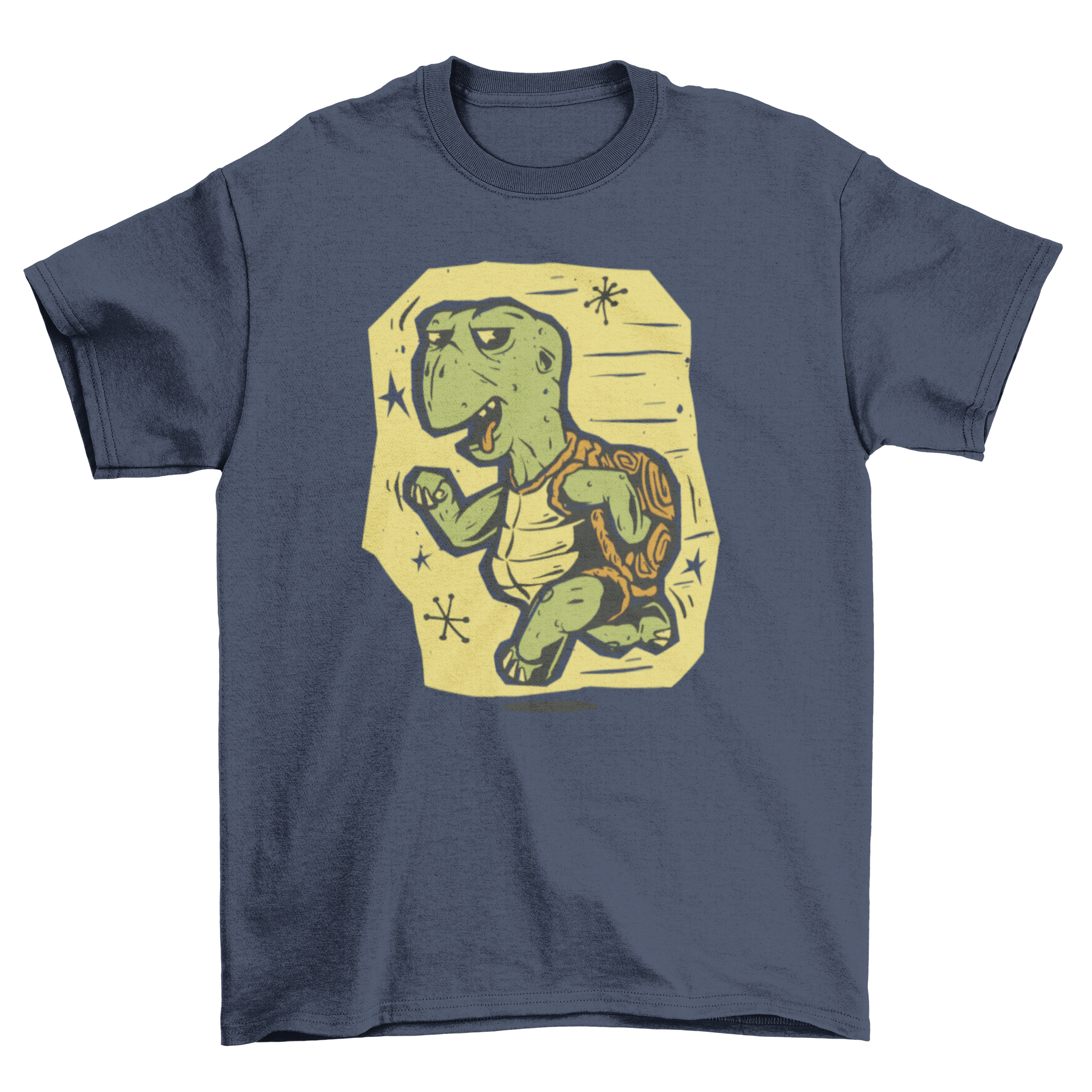 A colorful cartoon t-shirt featuring a running turtle design, showcasing vibrant colors and playful graphics.