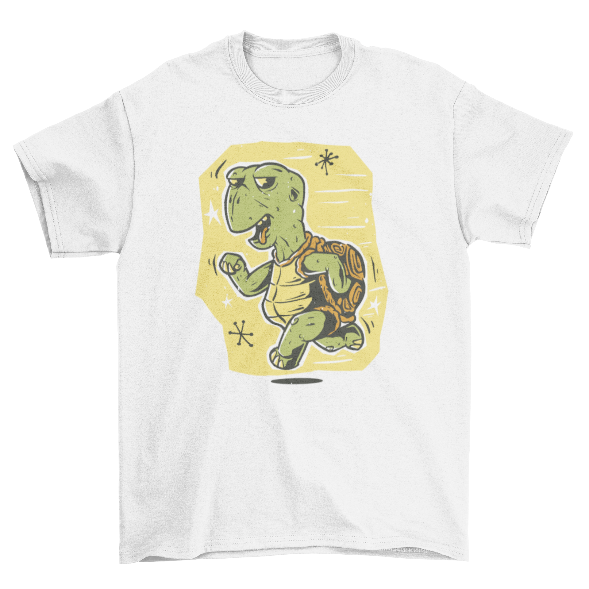 A colorful cartoon t-shirt featuring a running turtle design, showcasing vibrant colors and playful graphics.